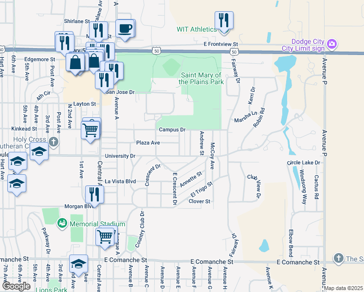 map of restaurants, bars, coffee shops, grocery stores, and more near 2201-2249 Woodrow Avenue in Dodge City