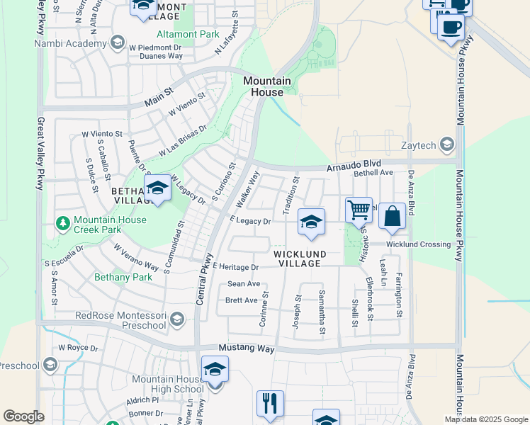 map of restaurants, bars, coffee shops, grocery stores, and more near 134 Thomas Avenue in Tracy