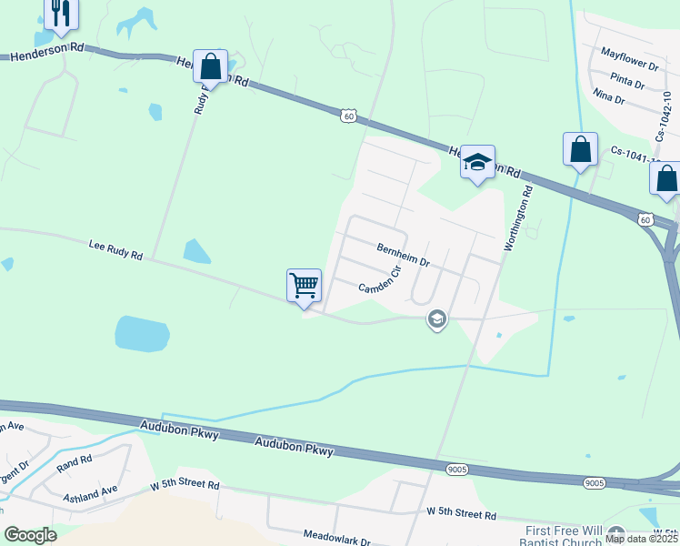 map of restaurants, bars, coffee shops, grocery stores, and more near 301 Camden Circle in Owensboro