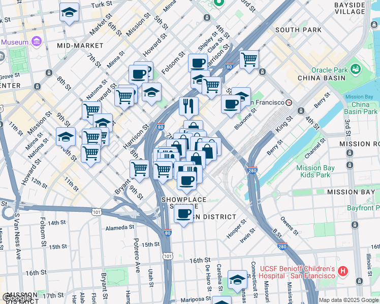 map of restaurants, bars, coffee shops, grocery stores, and more near 603 7th Street in San Francisco