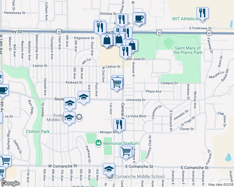 map of restaurants, bars, coffee shops, grocery stores, and more near 100-198 Soule St in Dodge City