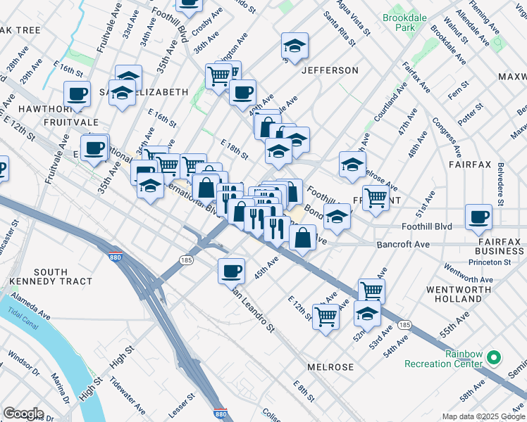 map of restaurants, bars, coffee shops, grocery stores, and more near in Oakland