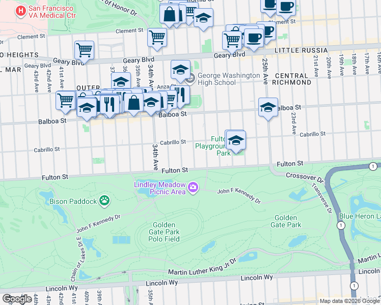 map of restaurants, bars, coffee shops, grocery stores, and more near 858 32nd Avenue in San Francisco