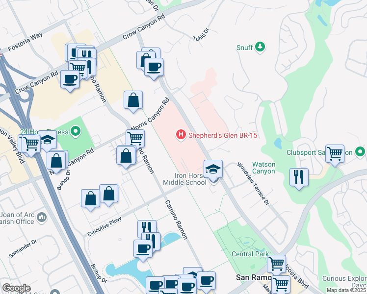 map of restaurants, bars, coffee shops, grocery stores, and more near 12657 Alcosta Boulevard in San Ramon