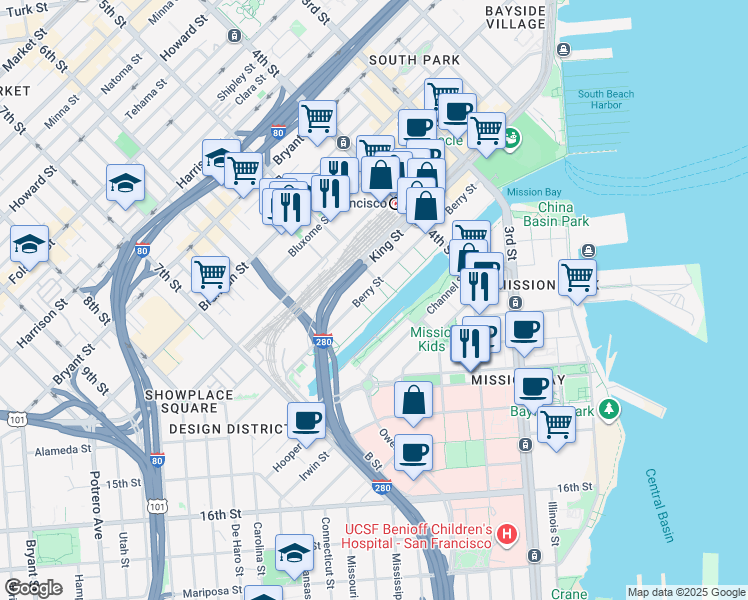 map of restaurants, bars, coffee shops, grocery stores, and more near 325 Berry Street in San Francisco