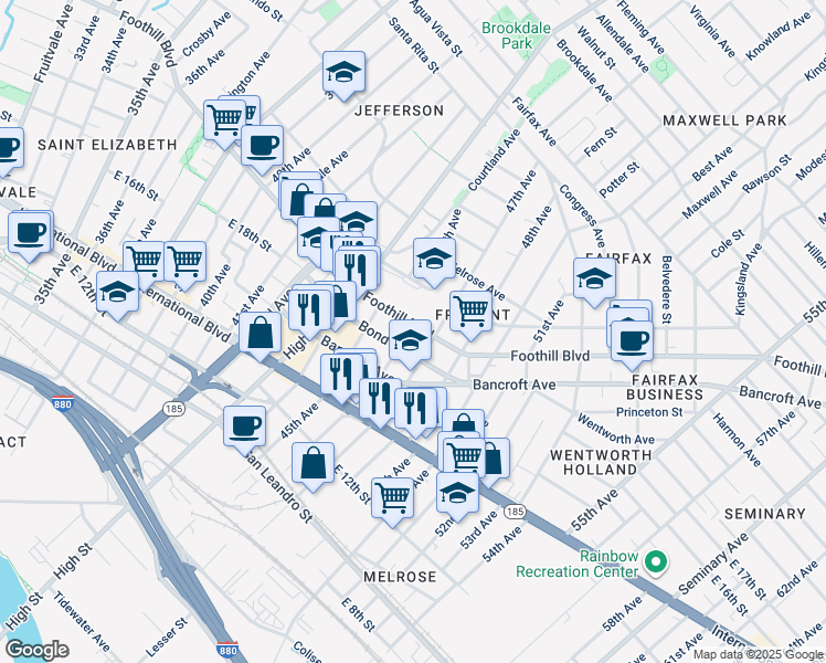 map of restaurants, bars, coffee shops, grocery stores, and more near 4601 Foothill Boulevard in Oakland