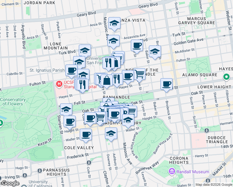 map of restaurants, bars, coffee shops, grocery stores, and more near 850 Masonic Ave in San Francisco