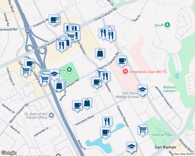 map of restaurants, bars, coffee shops, grocery stores, and more near 2410 Camino Ramon in San Ramon