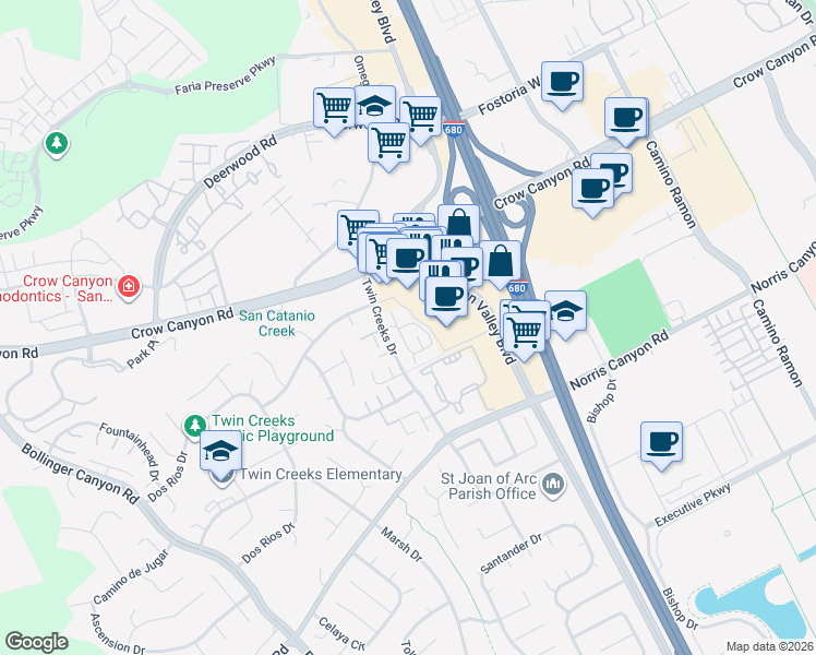 map of restaurants, bars, coffee shops, grocery stores, and more near 101 Compton Circle in San Ramon