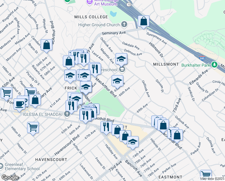 map of restaurants, bars, coffee shops, grocery stores, and more near 6514 MacArthur Boulevard in Oakland