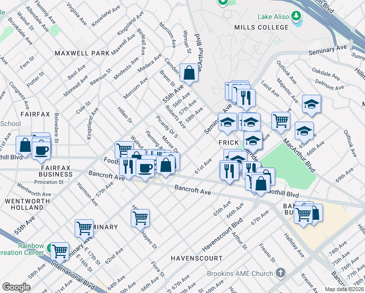 map of restaurants, bars, coffee shops, grocery stores, and more near 2751 Seminary Avenue in Oakland