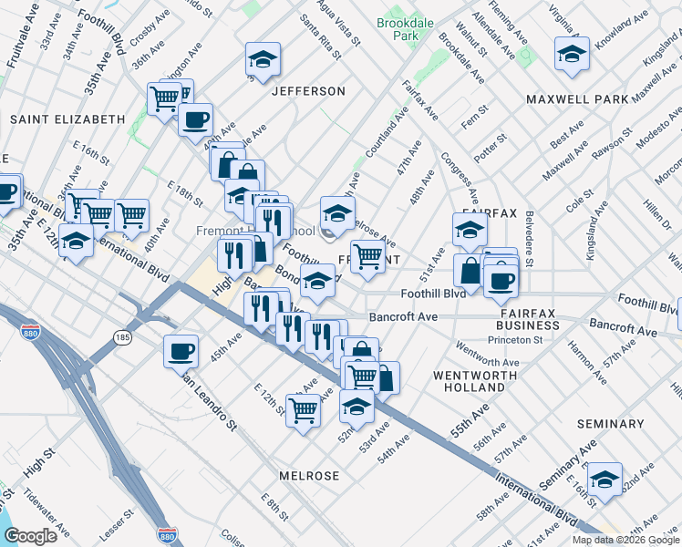 map of restaurants, bars, coffee shops, grocery stores, and more near 4800 Foothill Boulevard in Oakland