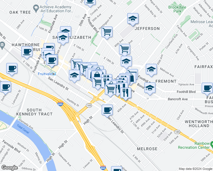map of restaurants, bars, coffee shops, grocery stores, and more near in Oakland