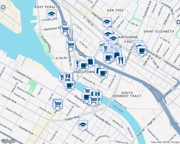 map of restaurants, bars, coffee shops, grocery stores, and more near 2896 Ford Street in Oakland