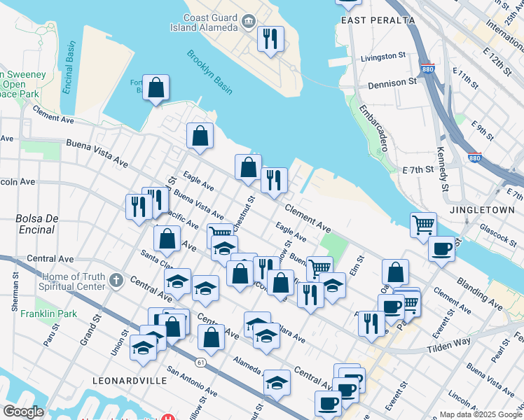 map of restaurants, bars, coffee shops, grocery stores, and more near 2022 Eagle Avenue in Alameda