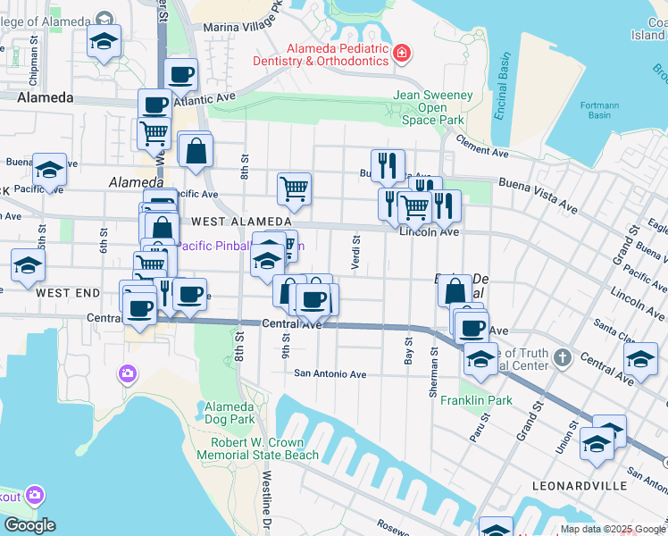 map of restaurants, bars, coffee shops, grocery stores, and more near 1000 Santa Clara Avenue in Alameda