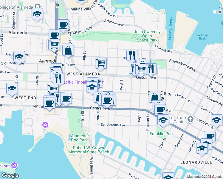 map of restaurants, bars, coffee shops, grocery stores, and more near 1000 Santa Clara Avenue in Alameda