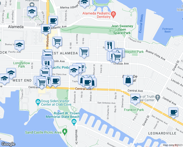 map of restaurants, bars, coffee shops, grocery stores, and more near 918 Santa Clara Avenue in Alameda