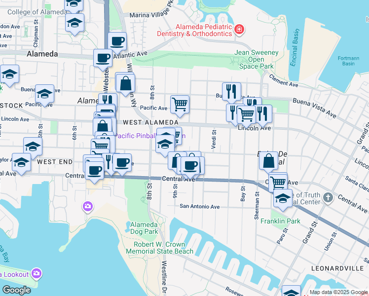 map of restaurants, bars, coffee shops, grocery stores, and more near 918 Santa Clara Avenue in Alameda