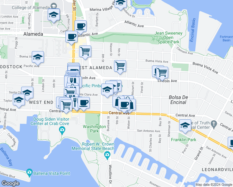 map of restaurants, bars, coffee shops, grocery stores, and more near 834 Santa Clara Avenue in Alameda