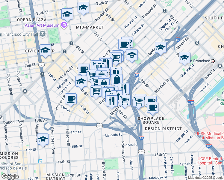 map of restaurants, bars, coffee shops, grocery stores, and more near 1247 Harrison Street in San Francisco