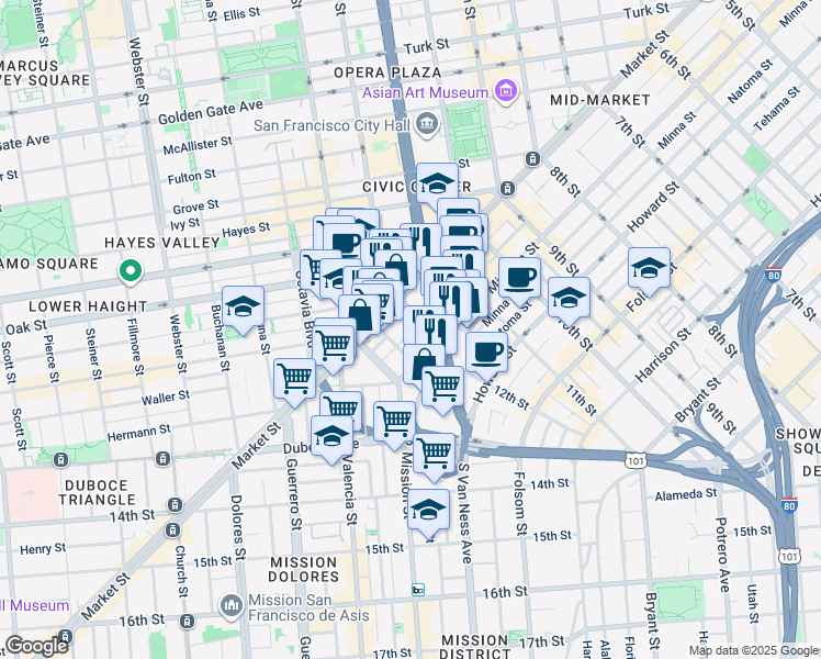 map of restaurants, bars, coffee shops, grocery stores, and more near 10 Chase Court in San Francisco