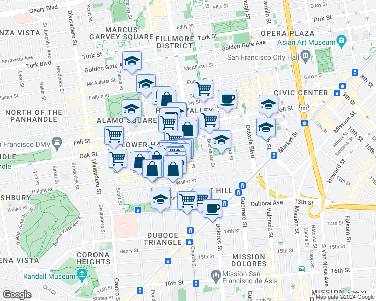 map of restaurants, bars, coffee shops, grocery stores, and more near 565 Page Street in San Francisco