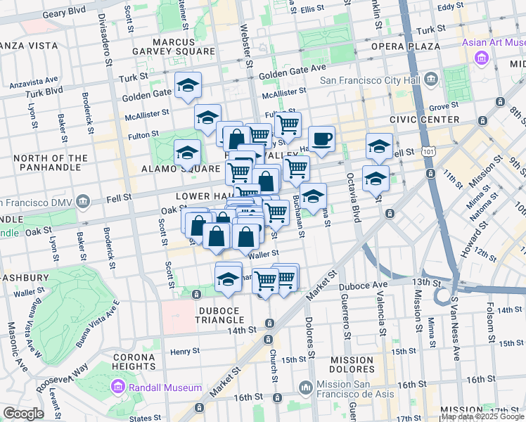 map of restaurants, bars, coffee shops, grocery stores, and more near 565 Page Street in San Francisco