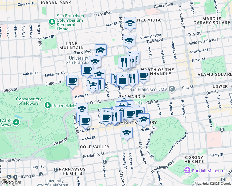 map of restaurants, bars, coffee shops, grocery stores, and more near 1820 Fell Street in San Francisco