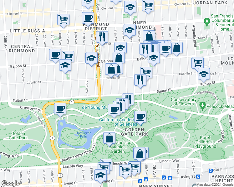 map of restaurants, bars, coffee shops, grocery stores, and more near 3434 Fulton Street in San Francisco