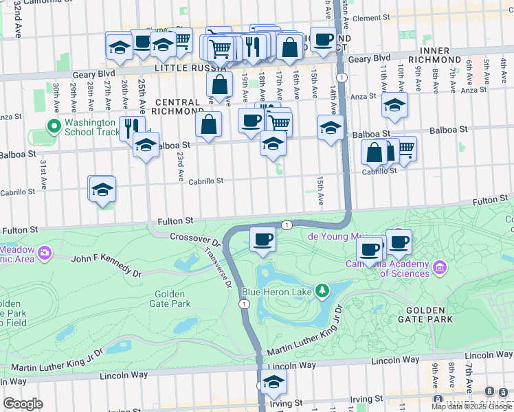 map of restaurants, bars, coffee shops, grocery stores, and more near 797 19th Avenue in San Francisco