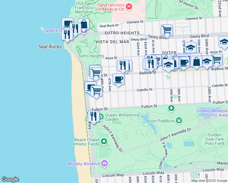 map of restaurants, bars, coffee shops, grocery stores, and more near 813 47th Avenue in San Francisco