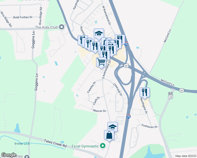 map of restaurants, bars, coffee shops, grocery stores, and more near 200 South Keeneland Drive in Richmond