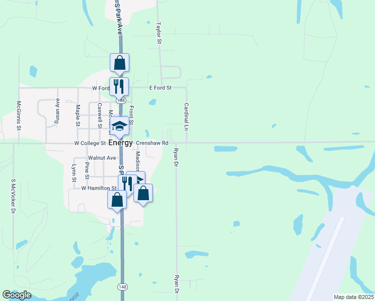 map of restaurants, bars, coffee shops, grocery stores, and more near 500 East College Street in Energy