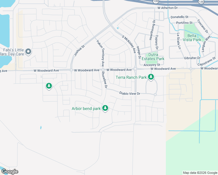 map of restaurants, bars, coffee shops, grocery stores, and more near 3232 East Woodward Avenue in Manteca