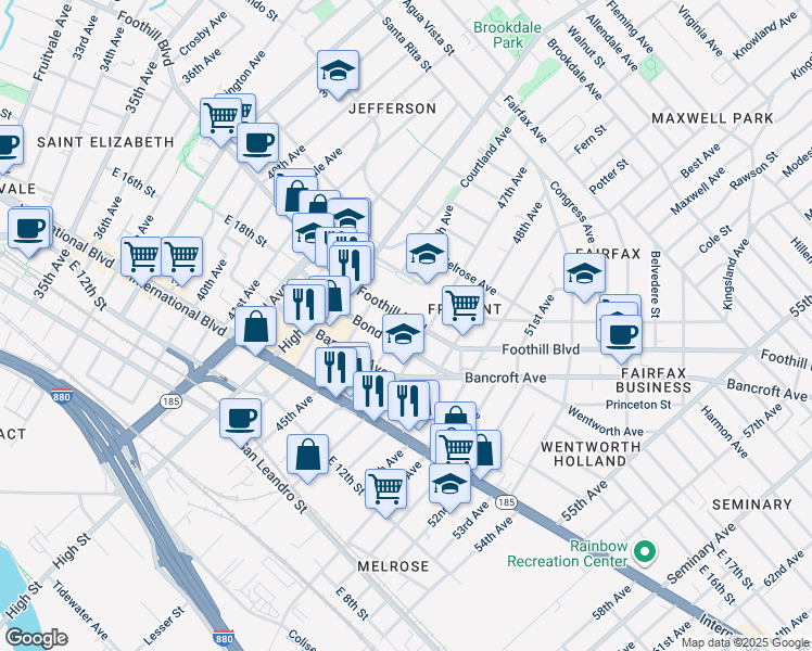map of restaurants, bars, coffee shops, grocery stores, and more near 4601 Foothill Boulevard in Oakland