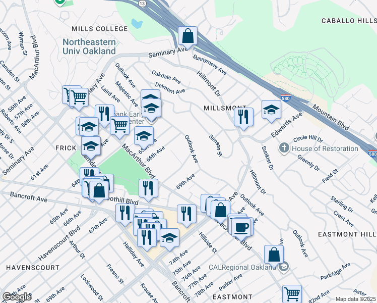 map of restaurants, bars, coffee shops, grocery stores, and more near 2522 75th Avenue in Oakland