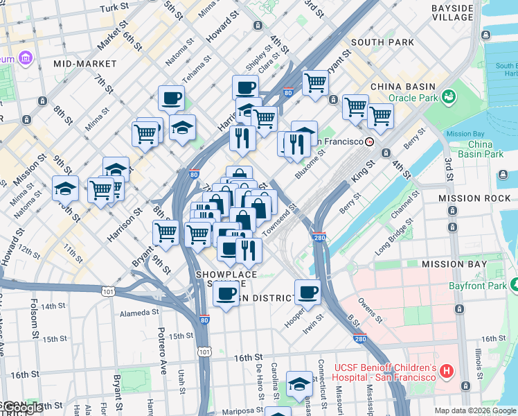 map of restaurants, bars, coffee shops, grocery stores, and more near 550 Townsend Street in San Francisco
