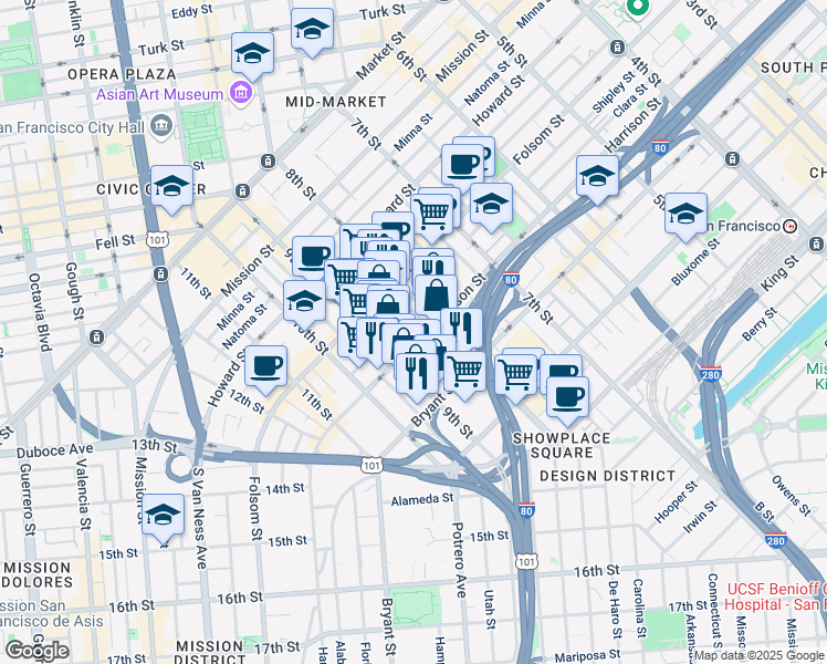 map of restaurants, bars, coffee shops, grocery stores, and more near 1226 Harrison Street in San Francisco