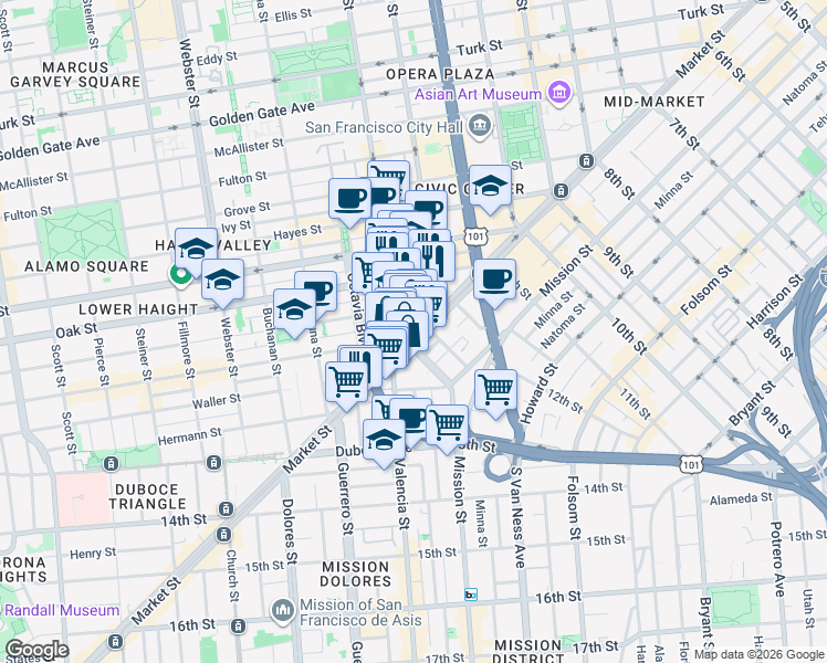 map of restaurants, bars, coffee shops, grocery stores, and more near 1670 Market Street in San Francisco