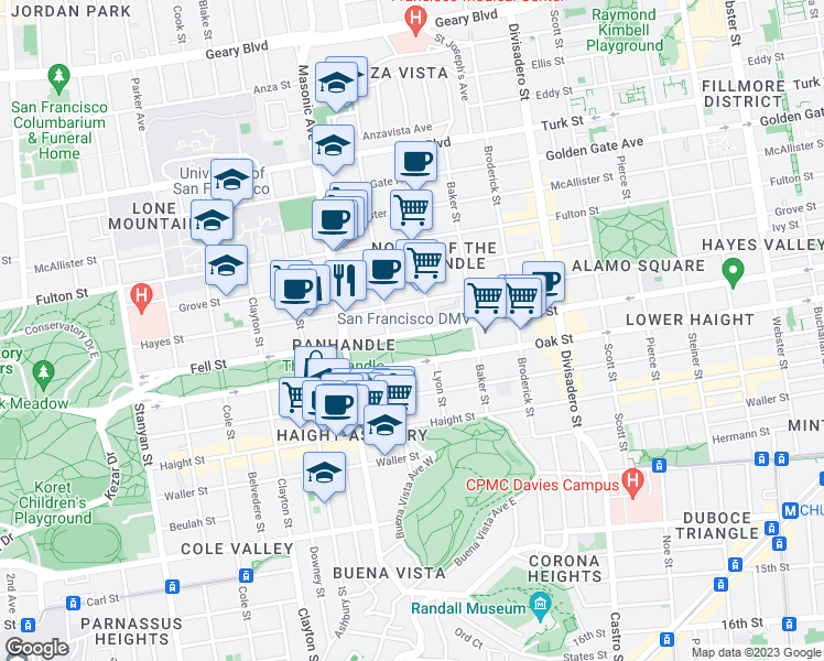 map of restaurants, bars, coffee shops, grocery stores, and more near 1544 Fell Street in San Francisco