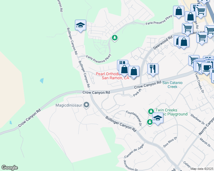 map of restaurants, bars, coffee shops, grocery stores, and more near 136 Shadowhill Circle in San Ramon