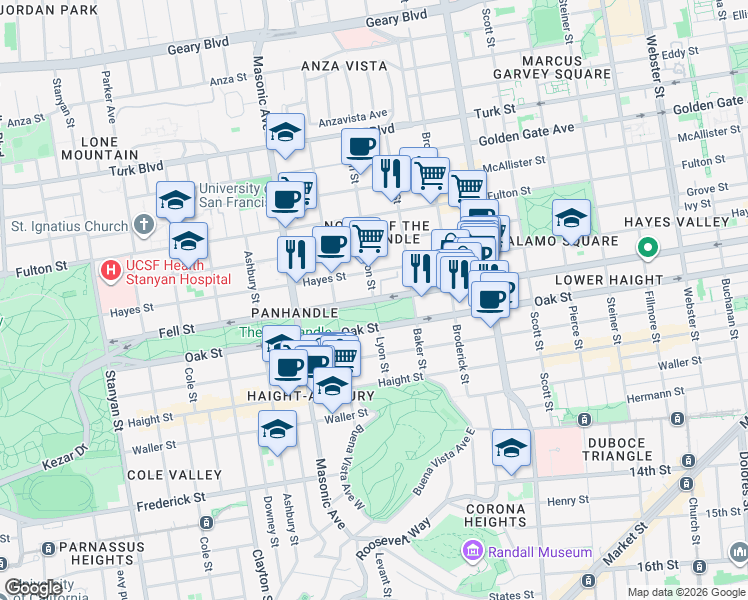 map of restaurants, bars, coffee shops, grocery stores, and more near Fell St & Lyon St in San Francisco