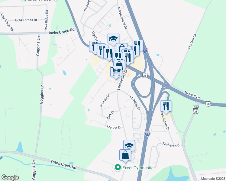 map of restaurants, bars, coffee shops, grocery stores, and more near 200 South Keeneland Drive in Richmond