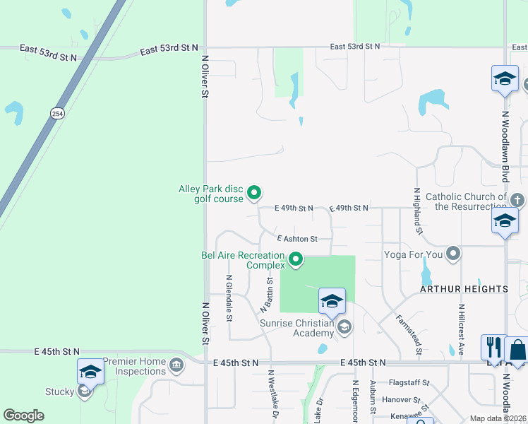 map of restaurants, bars, coffee shops, grocery stores, and more near 5118 East Ashton Court in Bel Aire