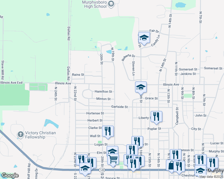 map of restaurants, bars, coffee shops, grocery stores, and more near 1001-1099 N 19th St in Murphysboro