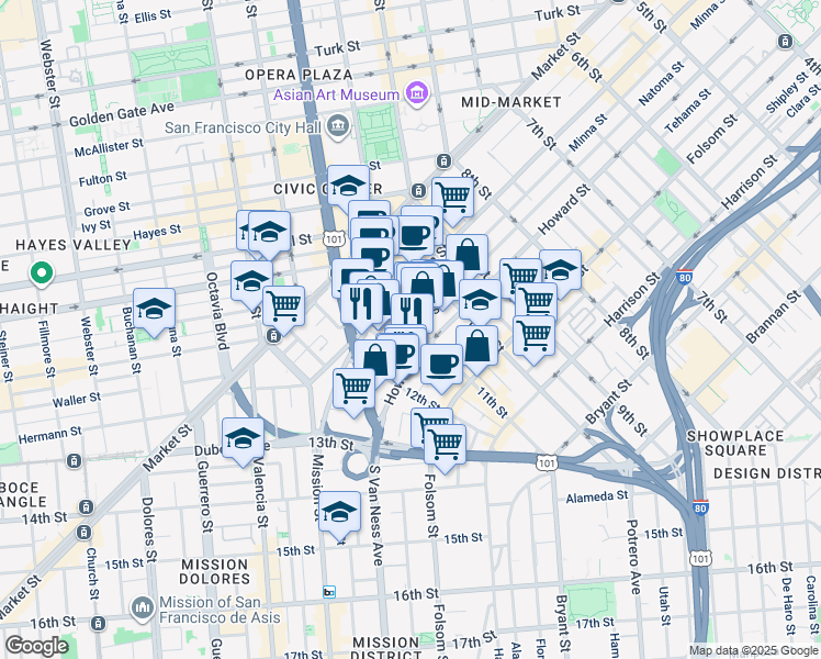 map of restaurants, bars, coffee shops, grocery stores, and more near 1029 Natoma Street in San Francisco