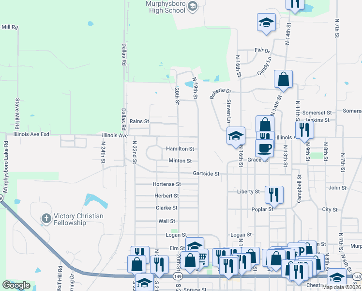 map of restaurants, bars, coffee shops, grocery stores, and more near 1925 Hamilton Street in Murphysboro