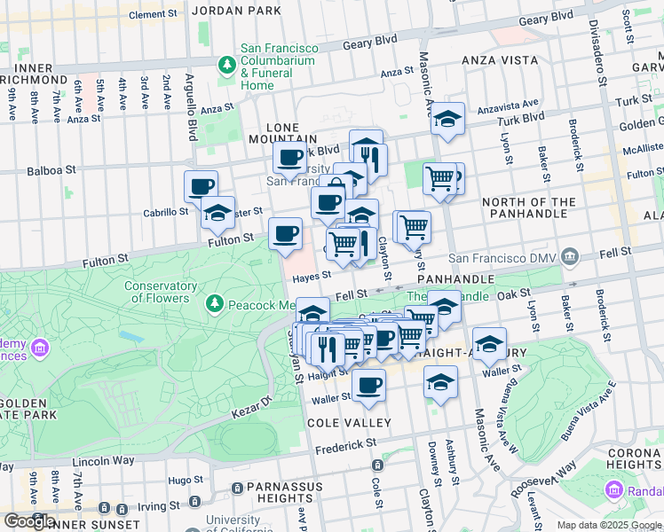 map of restaurants, bars, coffee shops, grocery stores, and more near 2185 Hayes Street in San Francisco