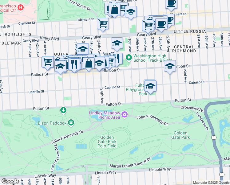 map of restaurants, bars, coffee shops, grocery stores, and more near 858 32nd Avenue in San Francisco